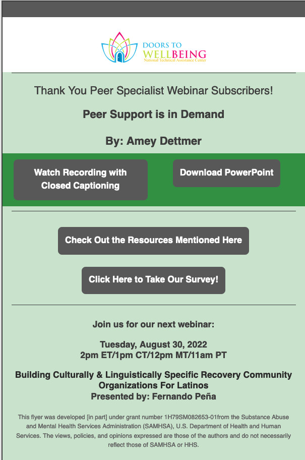 DTWB Doors To Wellbeing Peer Specialist Webinar Series Follow Up
